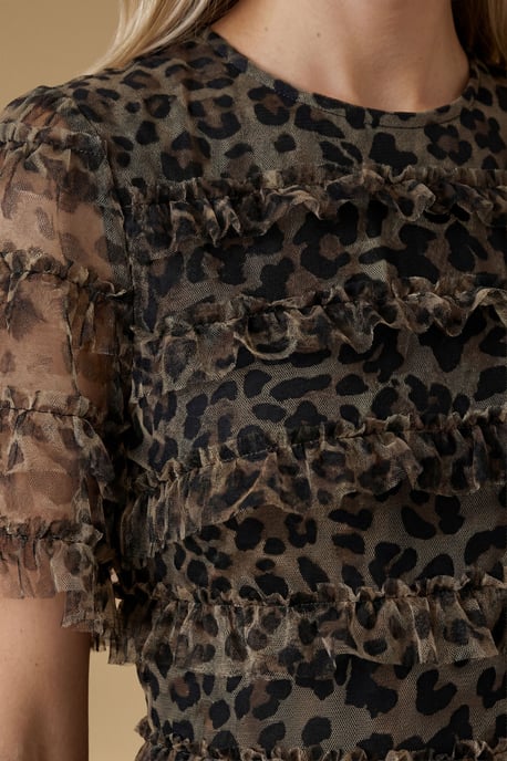 Leopard Print Ruffle Mesh Maxi Dress - Image 3