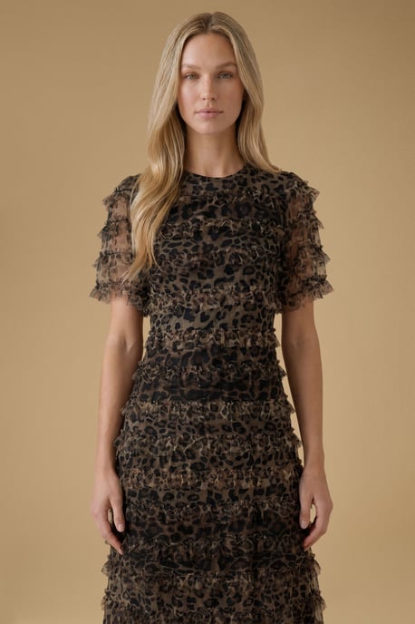 Leopard Print Ruffle Mesh Maxi Dress - Image 4