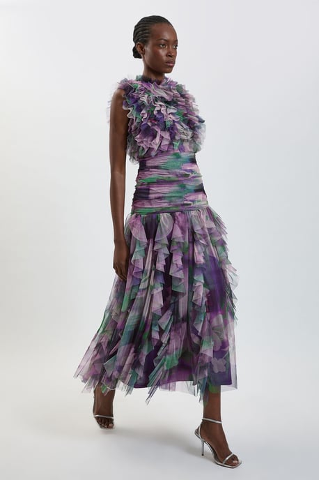Blurred Floral Frill Tulle Maxi Dress - Image 1