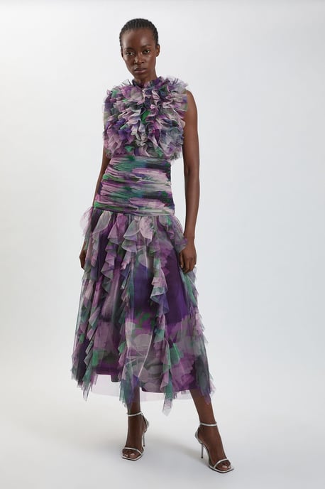 Blurred Floral Frill Tulle Maxi Dress - Image 3