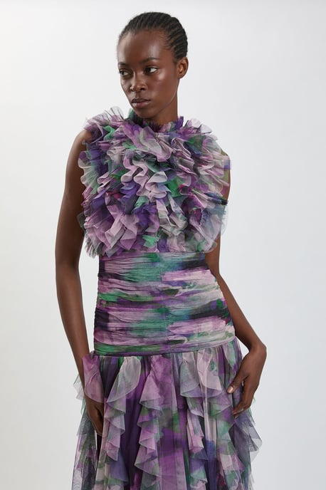 Blurred Floral Frill Tulle Maxi Dress - Image 4