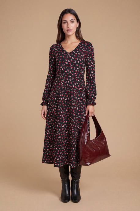 Petite Black Floral V Neck Jersey Midi Dress - Image 1