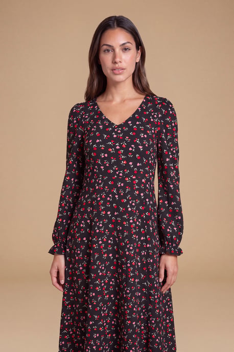 Petite Black Floral V Neck Jersey Midi Dress - Image 3