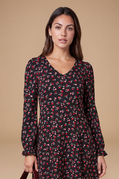 Petite Black Floral V Neck Jersey Midi Dress - Image 4