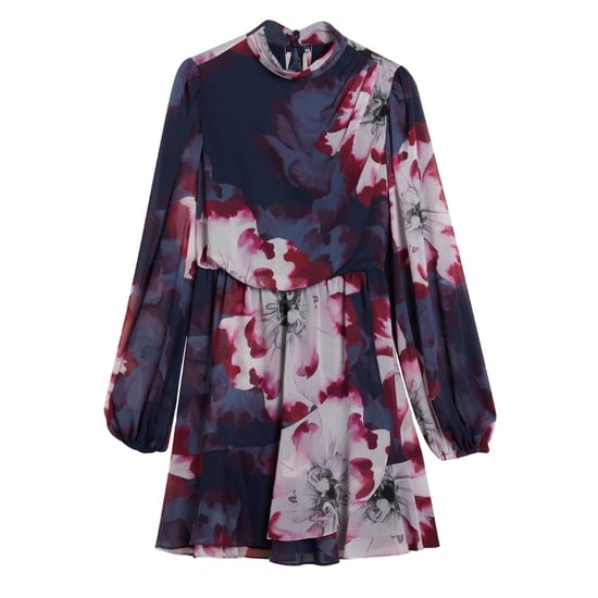 Ted Baker Aracely Printed Long Sleeve Navy Neck Tie Dress - Image 1