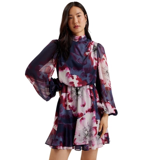 Ted Baker Aracely Printed Long Sleeve Navy Neck Tie Dress - Image 2