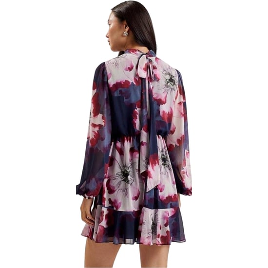 Ted Baker Aracely Printed Long Sleeve Navy Neck Tie Dress - Image 3