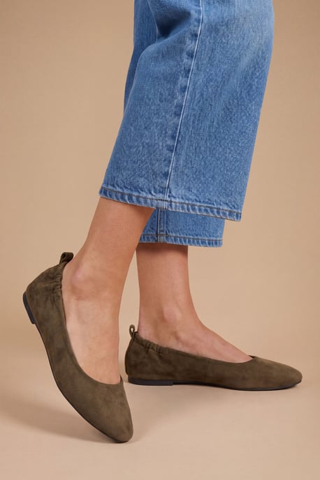 Julia Faux Suede Ruched Elasticated Black Ballet Pumps - Image 1