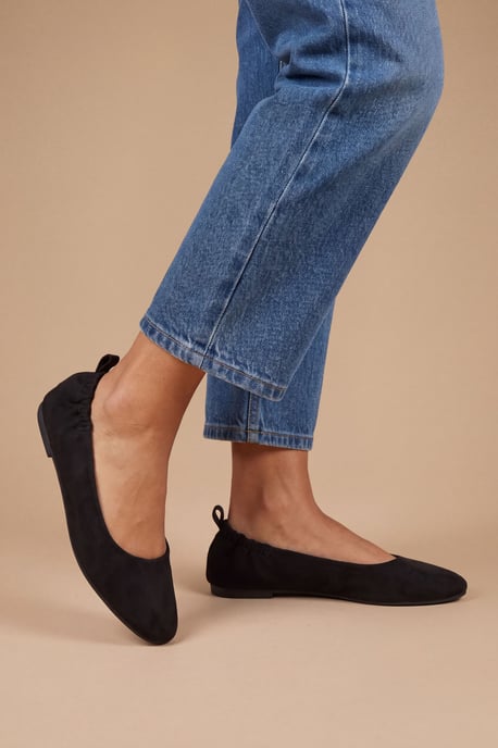 Julia Faux Suede Ruched Elasticated Black Ballet Pumps - Image 1