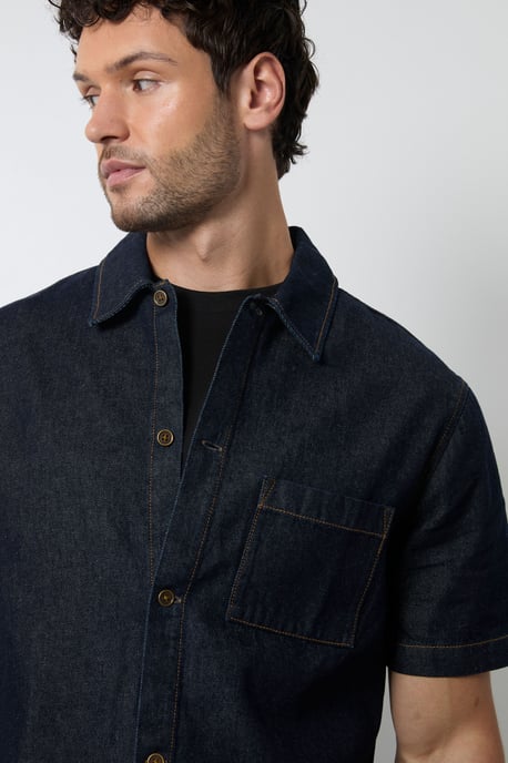 Dark Blue Wash Raw Denim Short Sleeve Shirt - Image 2