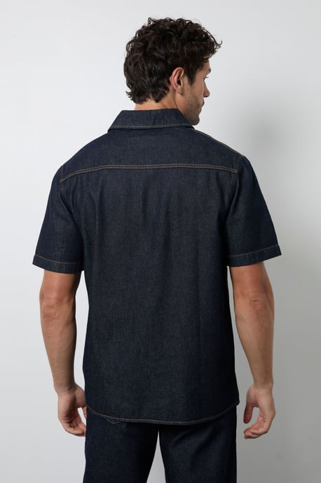 Dark Blue Wash Raw Denim Short Sleeve Shirt - Image 3