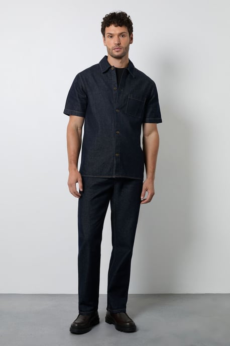 Dark Blue Wash Raw Denim Short Sleeve Shirt - Image 4