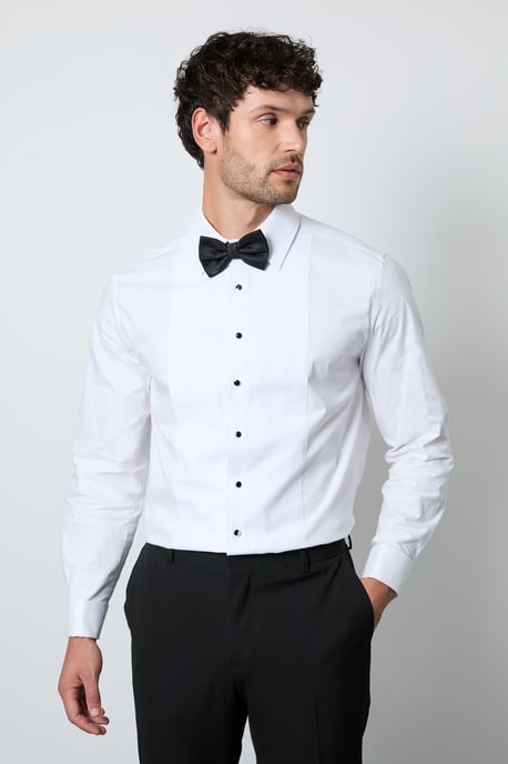 White Bib Front Double Cuff Slim Fit Dress Shirt - Image 1