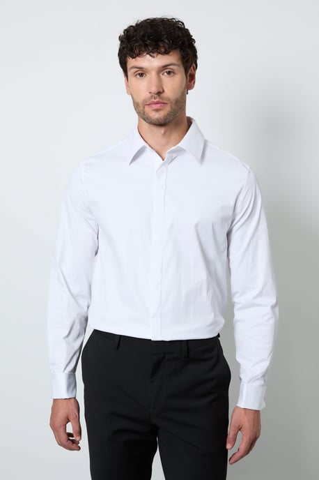 White Concealed Placket Double Cuff Slim Fit Shirt - Image 1