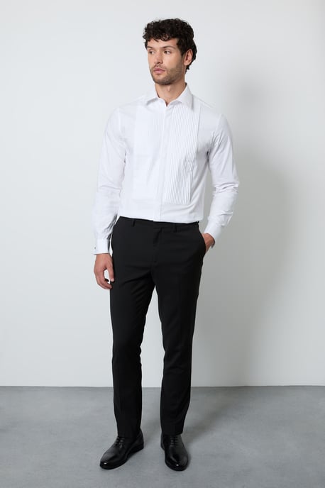White Pleat Front Concealed Placket Slim Fit Dress Shirt - Image 3