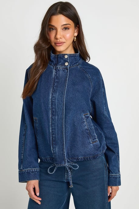 Funnel Neck Denim Bomber Jacket - Image 3