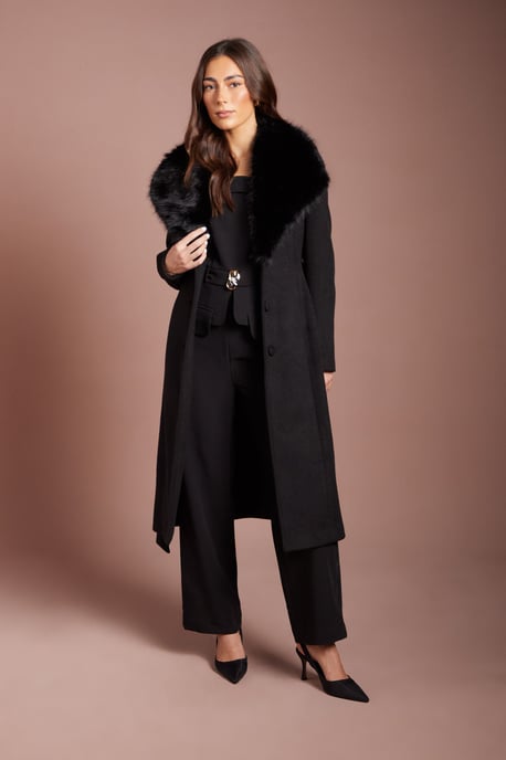 Black Faux Fur Collar Occasion Belted Midi Coat - Image 1