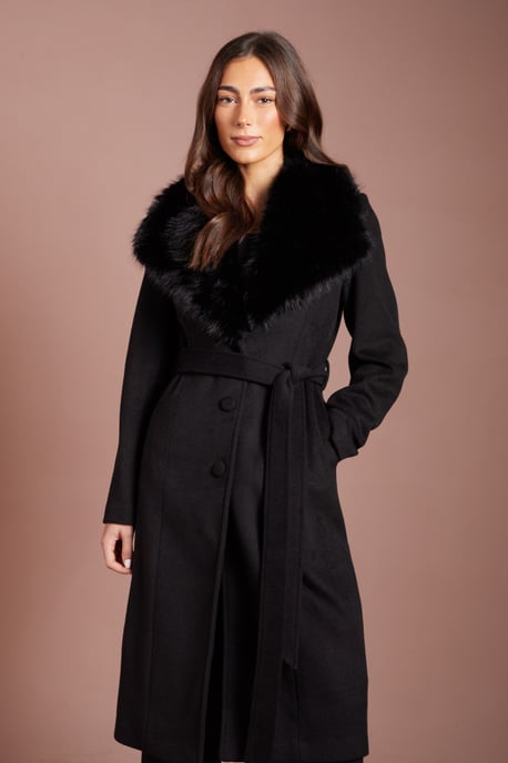 Black Faux Fur Collar Occasion Belted Midi Coat - Image 2