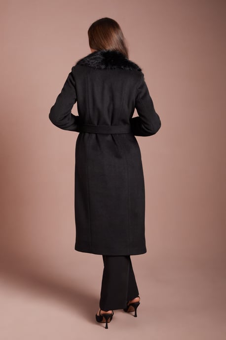 Black Faux Fur Collar Occasion Belted Midi Coat - Image 3