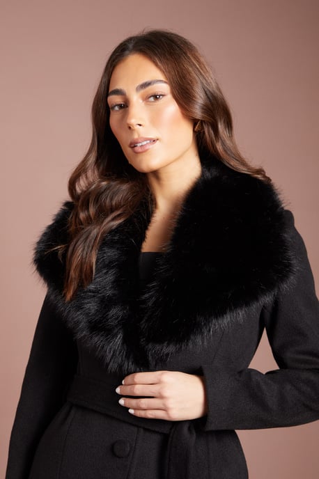 Black Faux Fur Collar Occasion Belted Midi Coat - Image 4