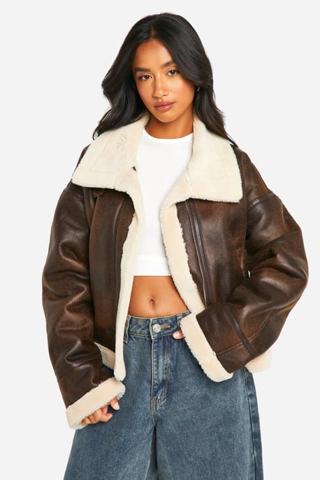 Petite Vintage Faux Leather High Neck Aviator - Image 1