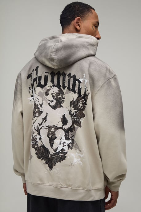 Stone Oversized Renaissance Print Spray Wash Hoodie - Image 1