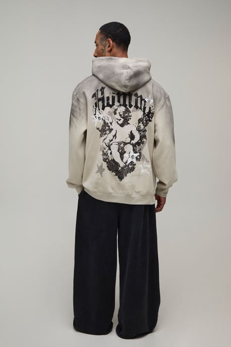 Stone Oversized Renaissance Print Spray Wash Hoodie - Image 2
