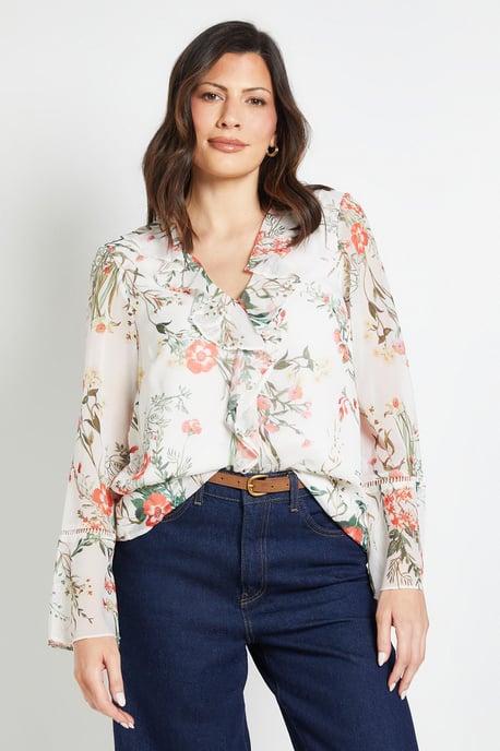 Printed Ruffle Blouse with Lace Insert - Image 1