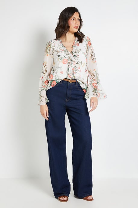 Printed Ruffle Blouse with Lace Insert - Image 2