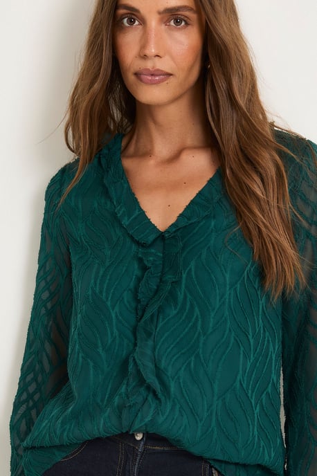 Burnout Ruffle Detail V Neck Blouse - Image 2