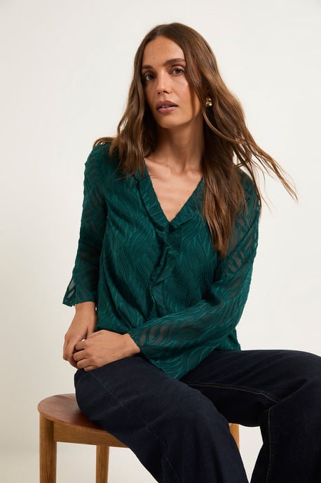 Burnout Ruffle Detail V Neck Blouse - Image 4