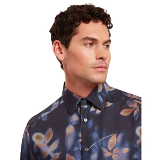 Ted Baker Kalmill Regular Fit Leaf Shadow Print Navy Shirt - Image 4