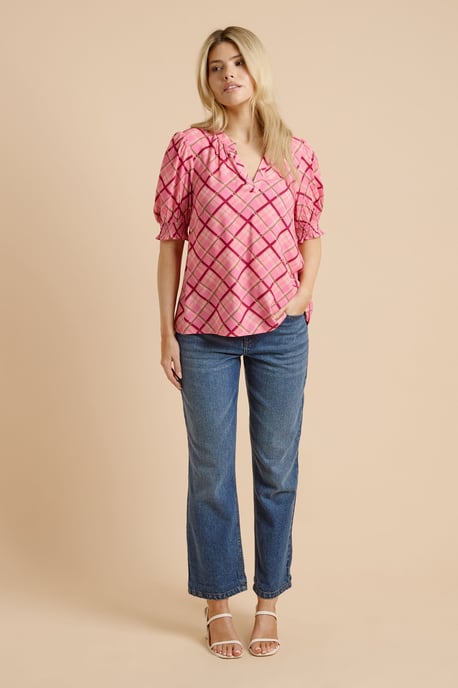 Pink Check Puff Sleeve Overhead Blouse - Image 2
