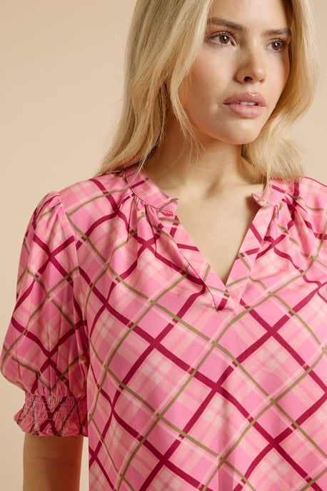 Pink Check Puff Sleeve Overhead Blouse - Image 4