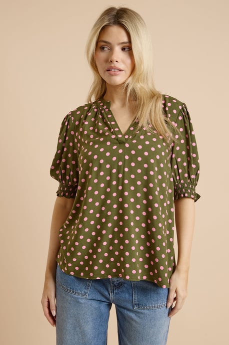 Green Spot Puff Sleeve Overhead Blouse - Image 1