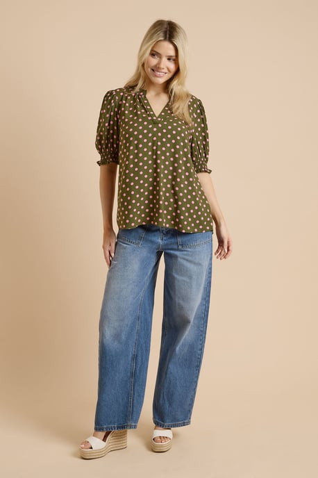 Green Spot Puff Sleeve Overhead Blouse - Image 2