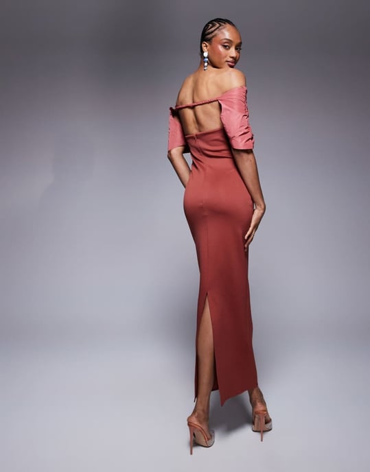 ASOS DESIGN Lång bardot manipulerad taftakjolsdetalj midi-klänning i röd - Image 3