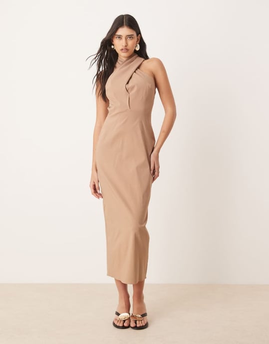 ASOS DESIGN korsad hals midi kolumndress i sten - Image 1
