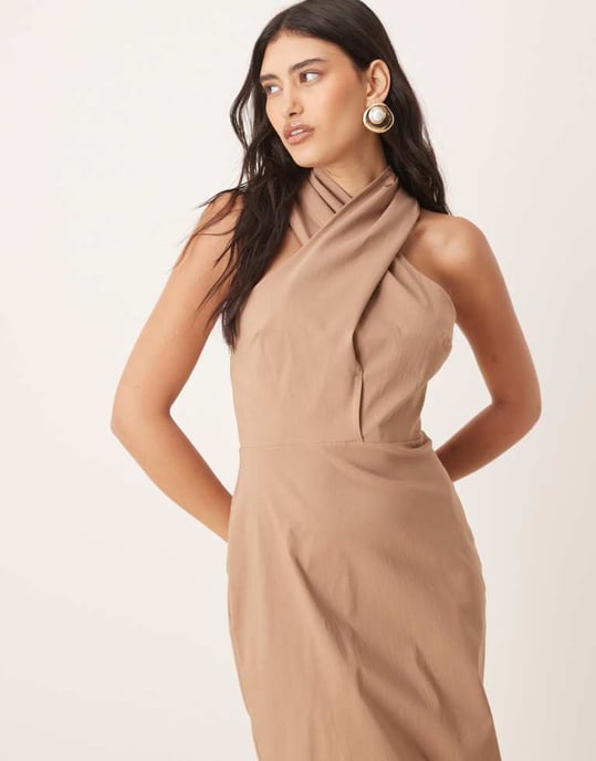 ASOS DESIGN korsad hals midi kolumndress i sten - Image 3