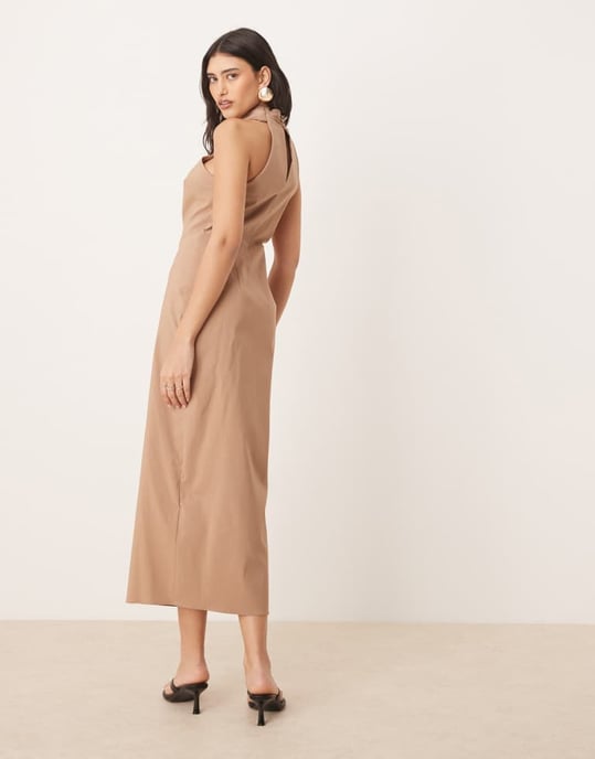 ASOS DESIGN korsad hals midi kolumndress i sten - Image 4
