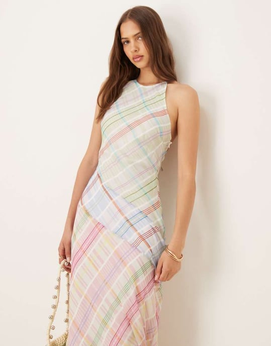 ASOS DESIGN racerhalsad midiklänning med sömdetaljer i blandad rutigt mönster - Image 2