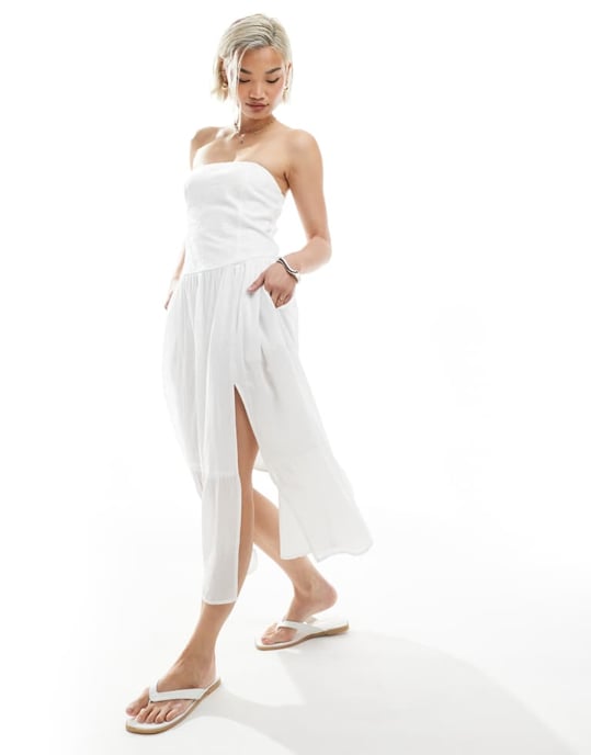 Hollister strapless droppad midja texturerad midi klänning med slits i vitt - Image 3