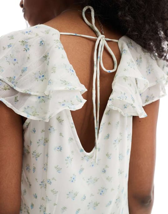 Vero Moda Smilla klänning med fjäderärmar i blått blommönster - Image 2