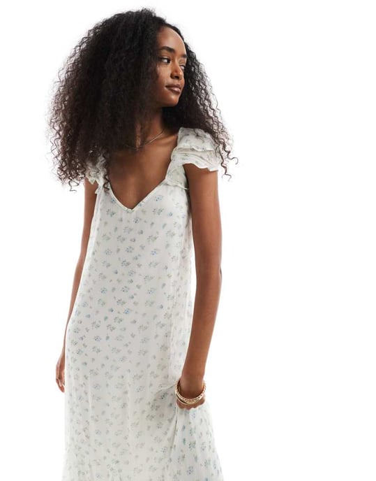 Vero Moda Smilla klänning med fjäderärmar i blått blommönster - Image 3