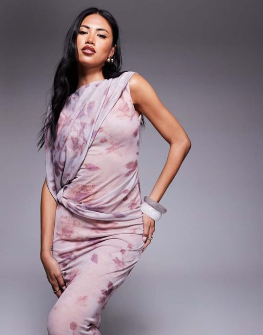 ASOS DESIGN tryckt mesh draperad midiklänning med en axel i suddig blommönster - Image 2