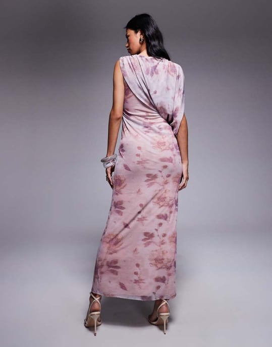 ASOS DESIGN tryckt mesh draperad midiklänning med en axel i suddig blommönster - Image 4