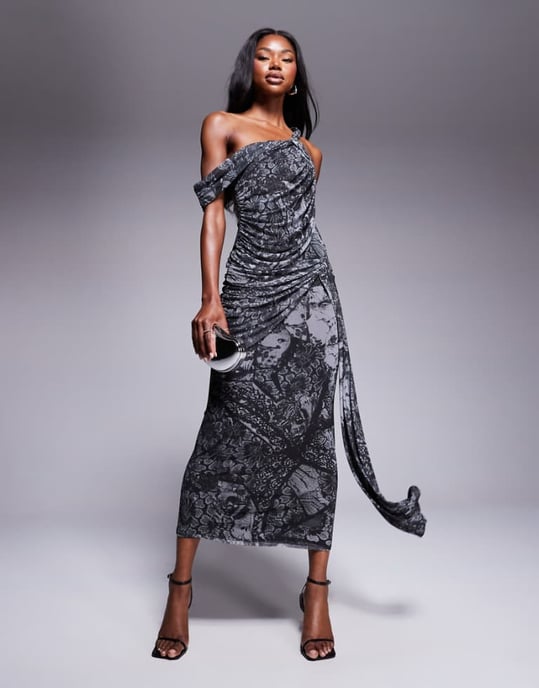ASOS DESIGN nät asymmetrisk off shoulder midi klänning med draperad sashes i blommig abstrakt print - Image 1