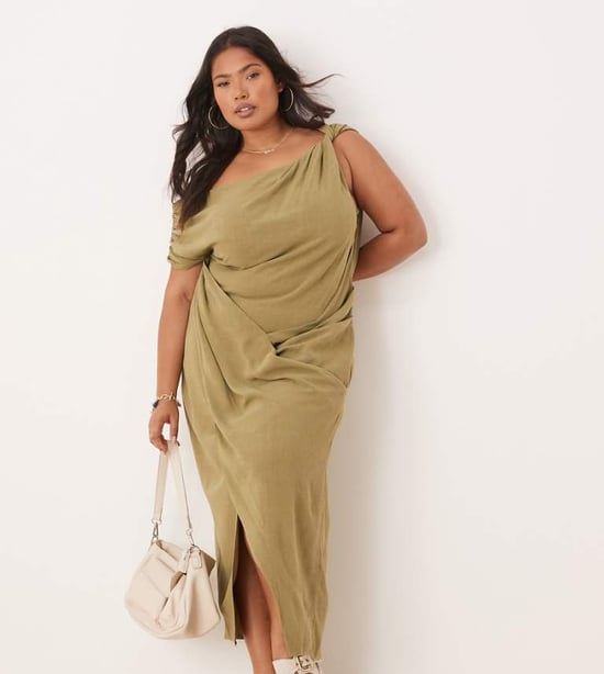 ASOS DESIGN Curve linnefallen twist axelomslag kjol detalj midi klänning i khaki - Image 1