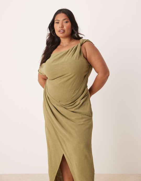 ASOS DESIGN Curve linnefallen twist axelomslag kjol detalj midi klänning i khaki - Image 2