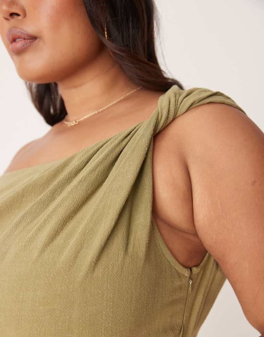 ASOS DESIGN Curve linnefallen twist axelomslag kjol detalj midi klänning i khaki - Image 3